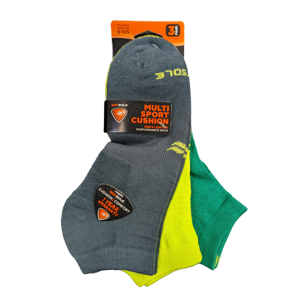 Sofsole | Mens Multi Sport Cushion Low Cut Socks 3 Pack (Lime Green/Pine Green/Grey)