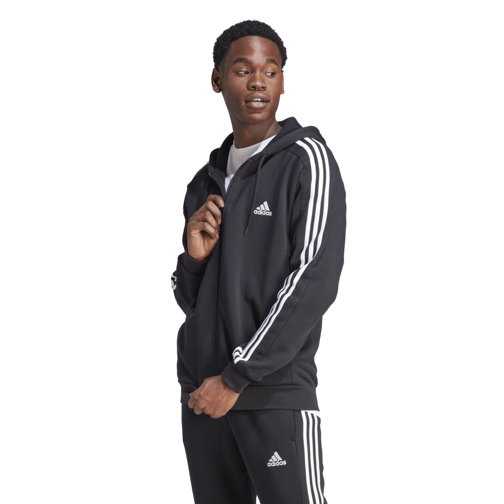 Adidas | Mens Essentials Fleece 3-Stripes Full-Zip Hoodie (Black/White)