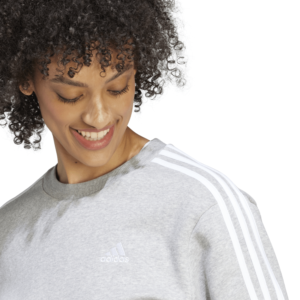 Adidas | Womens Essentials 3-Stripes Fleece Sweatshirt (Medium Grey Heather/White)