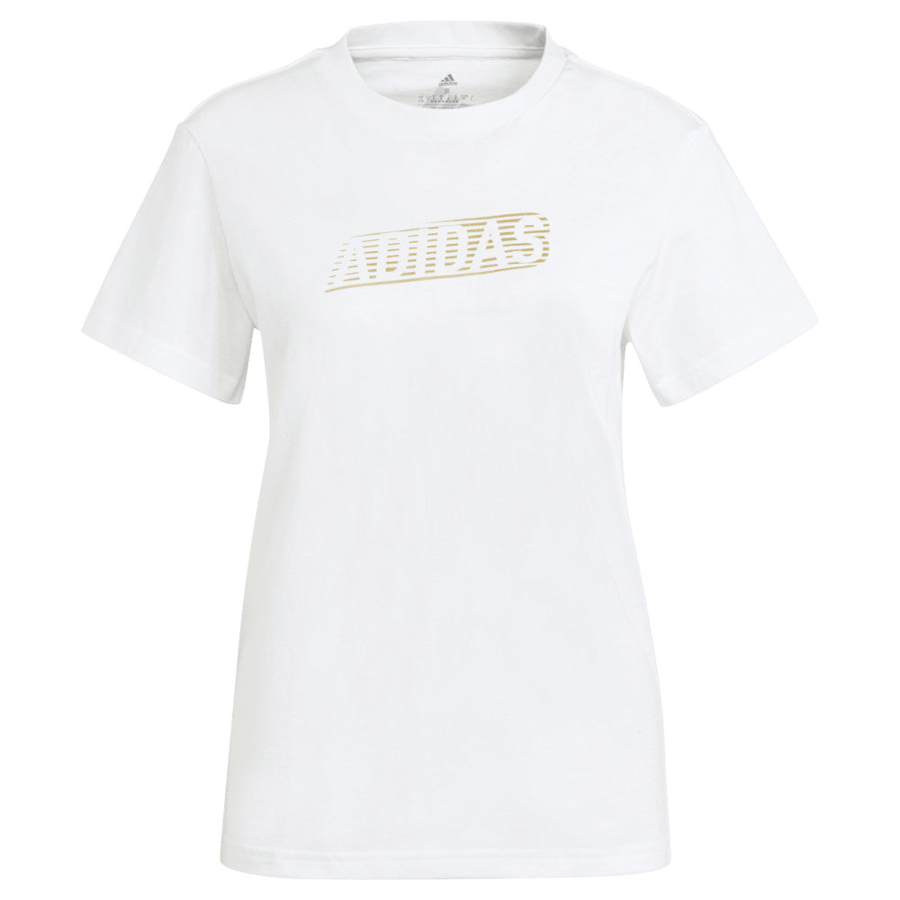 アディダス |レディース ブランド ラブ グラフィック T シャツ (ホワイト/ゴールド メタリック)
