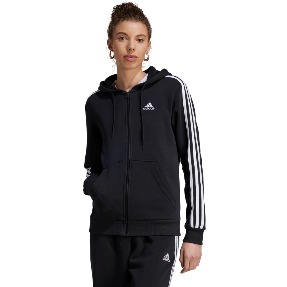 Adidas | Womens Essentials 3-Stripes Full-Zip Fleece Hoodie (Black/White)