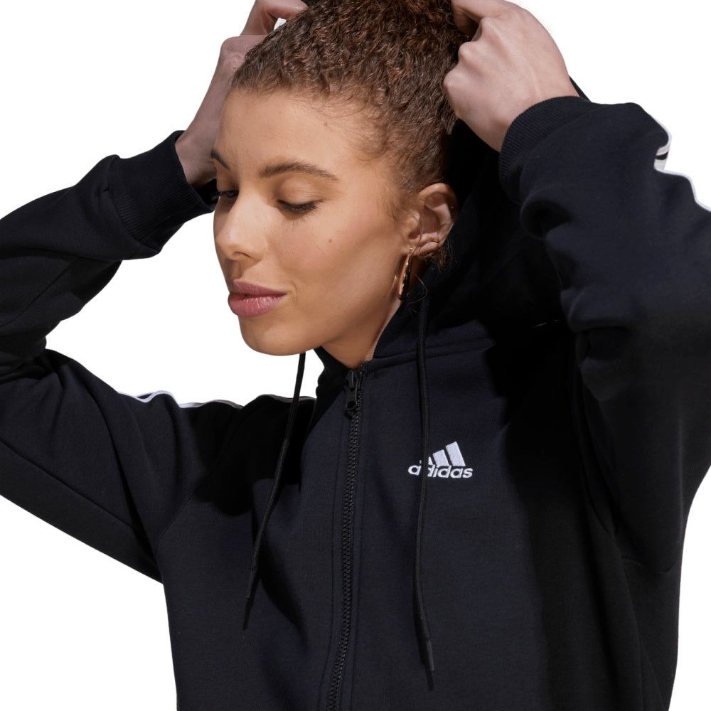Adidas | Womens Essentials 3-Stripes Full-Zip Fleece Hoodie (Black/White)