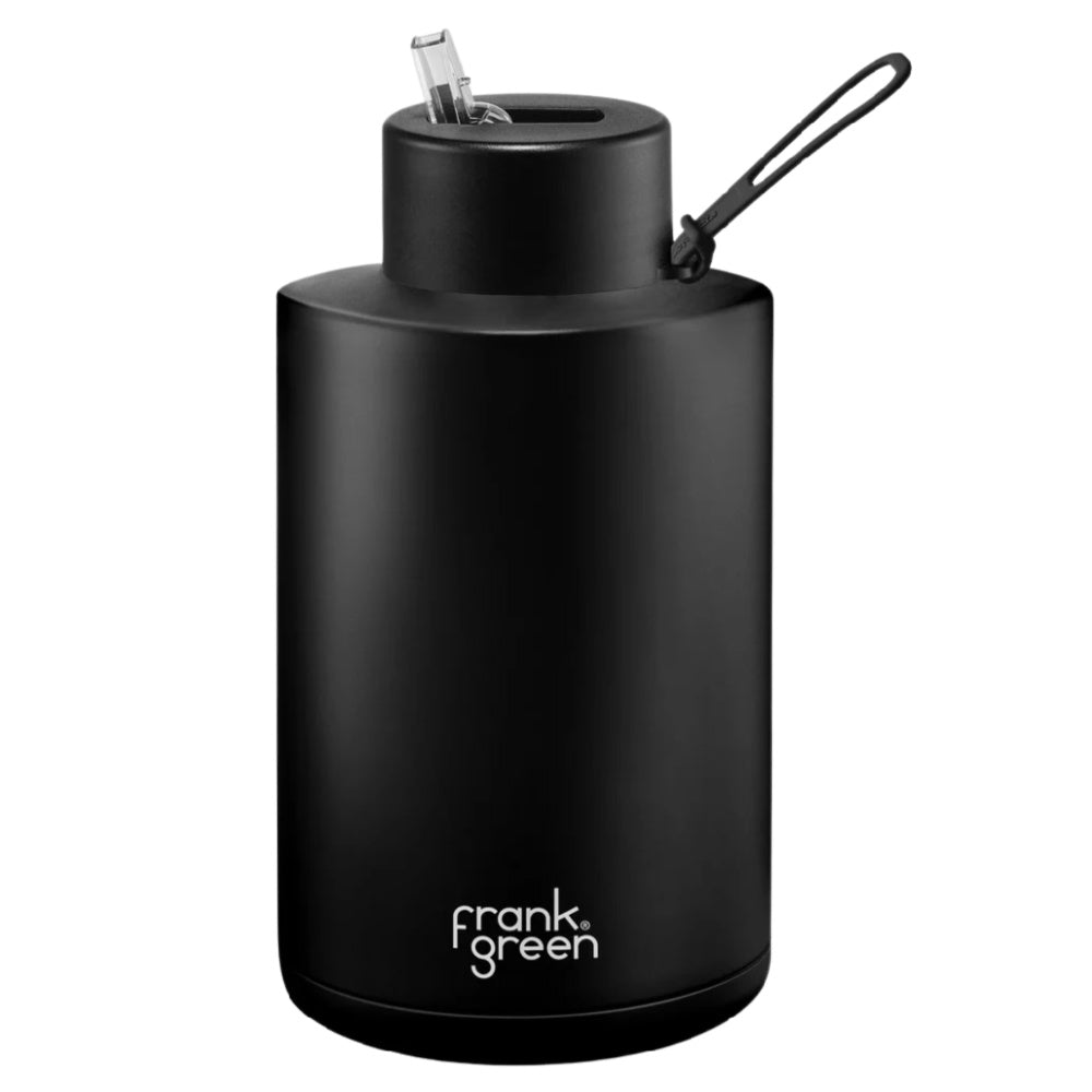 Frank Green | Stainless Steel Ceramic Reusable Bottle With Strap Straw Lid 2L 68oz (Midnight Black)