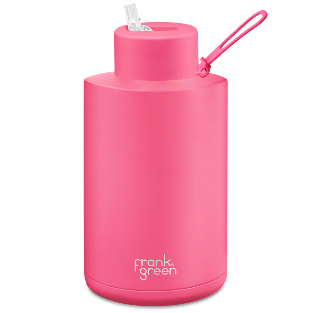 Frank Green | Stainless Steel Ceramic Reusable Bottle With Strap Straw Lid 2L 68oz (Neon Pink)