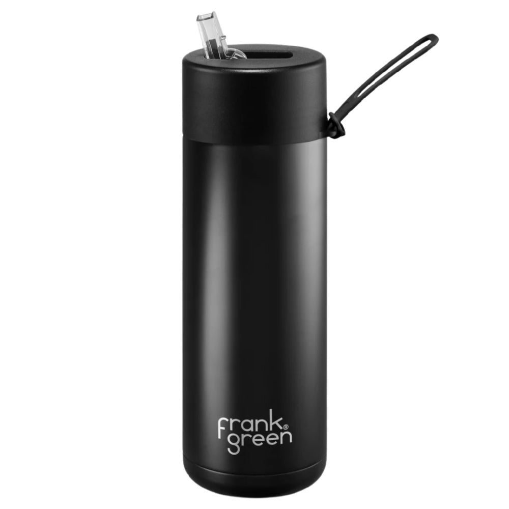 Frank Green | Stainless Steel Ceramic Reusable Bottle With Strap Straw Lid 595ml 20oz (Midnight Black)