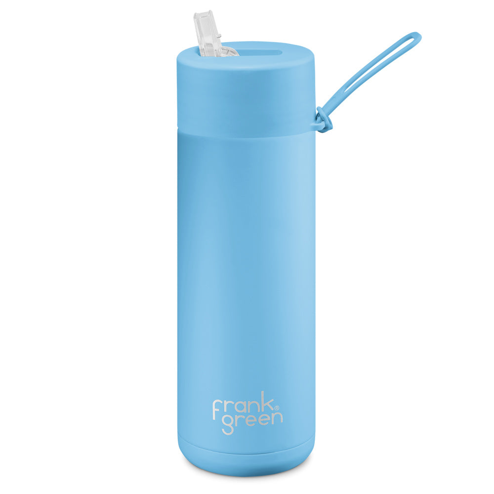Frank Green | Stainless Steel Ceramic Reusable Bottle With Strap Straw Lid 595ml 20oz (Sky Blue)