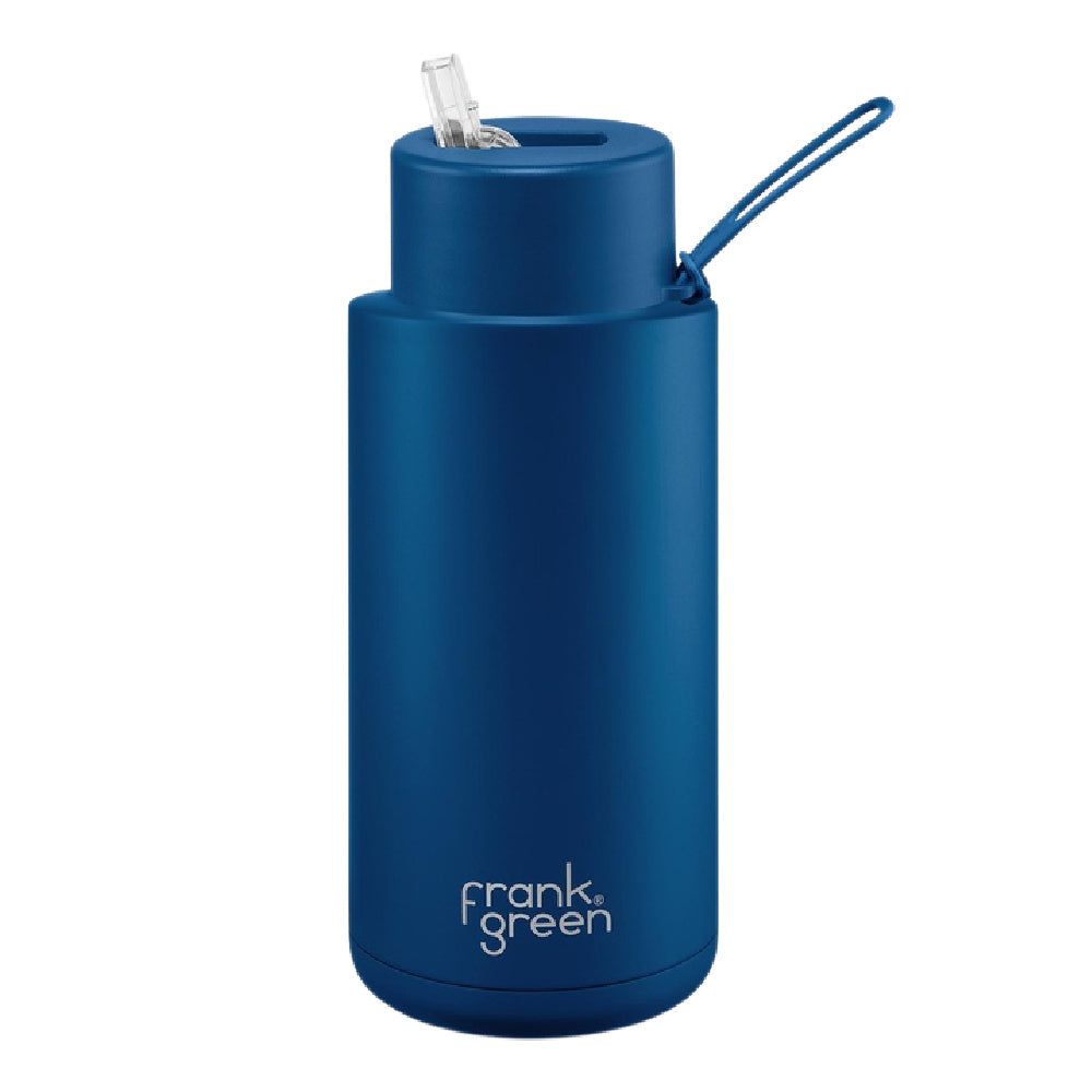 Frank Green | Stainless Steel Ceramic Reusable Bottle With Strap Straw Lid 1000ml 34oz (Deep Ocean)