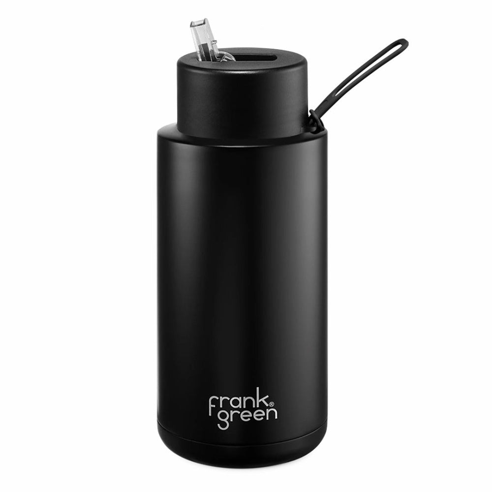 Frank Green | Stainless Steel Ceramic Reusable Bottle With Strap Straw Lid 1000ml 34oz (Midnight Black)