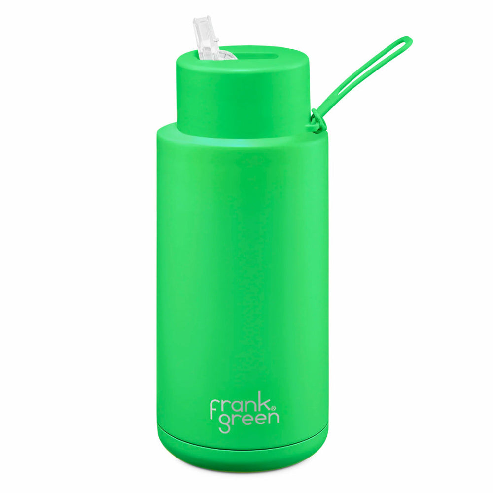 Frank Green | Stainless Steel Ceramic Reusable Bottle With Strap Straw Lid 1000ml 34oz (Neon Green)