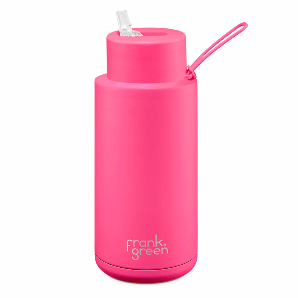 Frank Green | Stainless Steel Ceramic Reusable Bottle With Strap Straw Lid 1000ml 34oz (Neon Pink)
