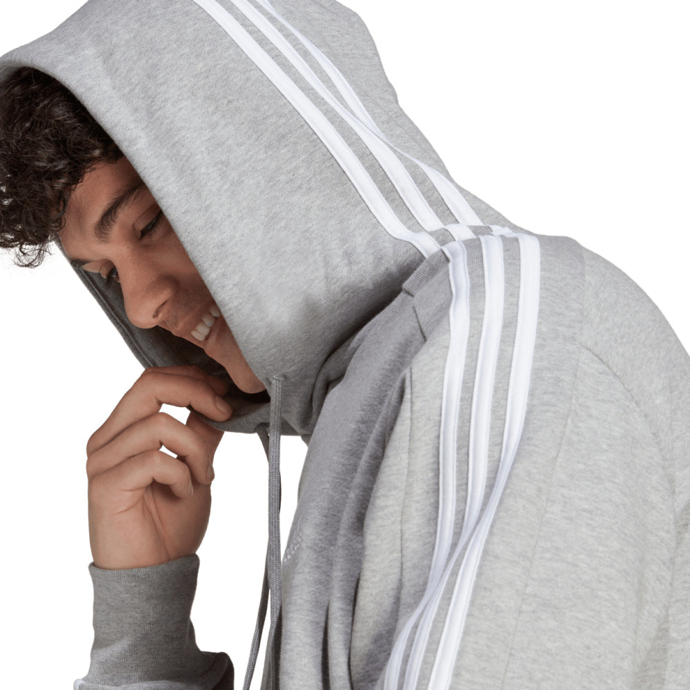 Adidas | Mens Essentials French Terry 3-Stripes Hoodie (Grey Heather/White)