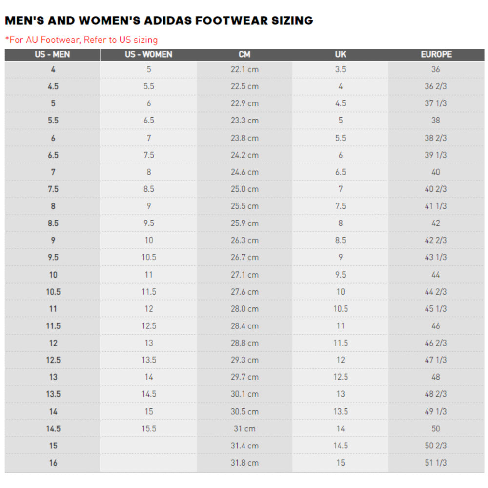 Adidas cloudfoam clearance size chart