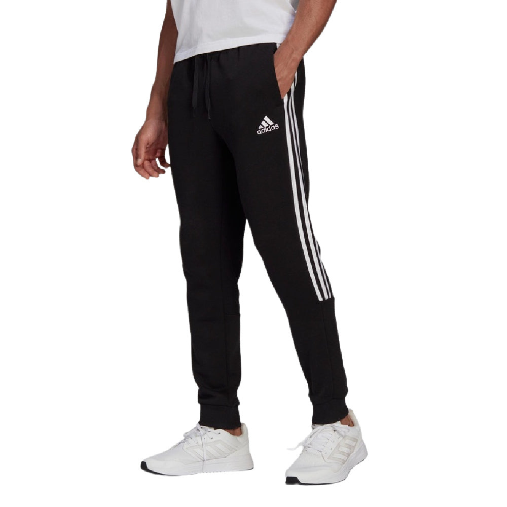 Adidas | Mens Essential Fleece Tappered Cut 3 Stripe Pants (Black/White)