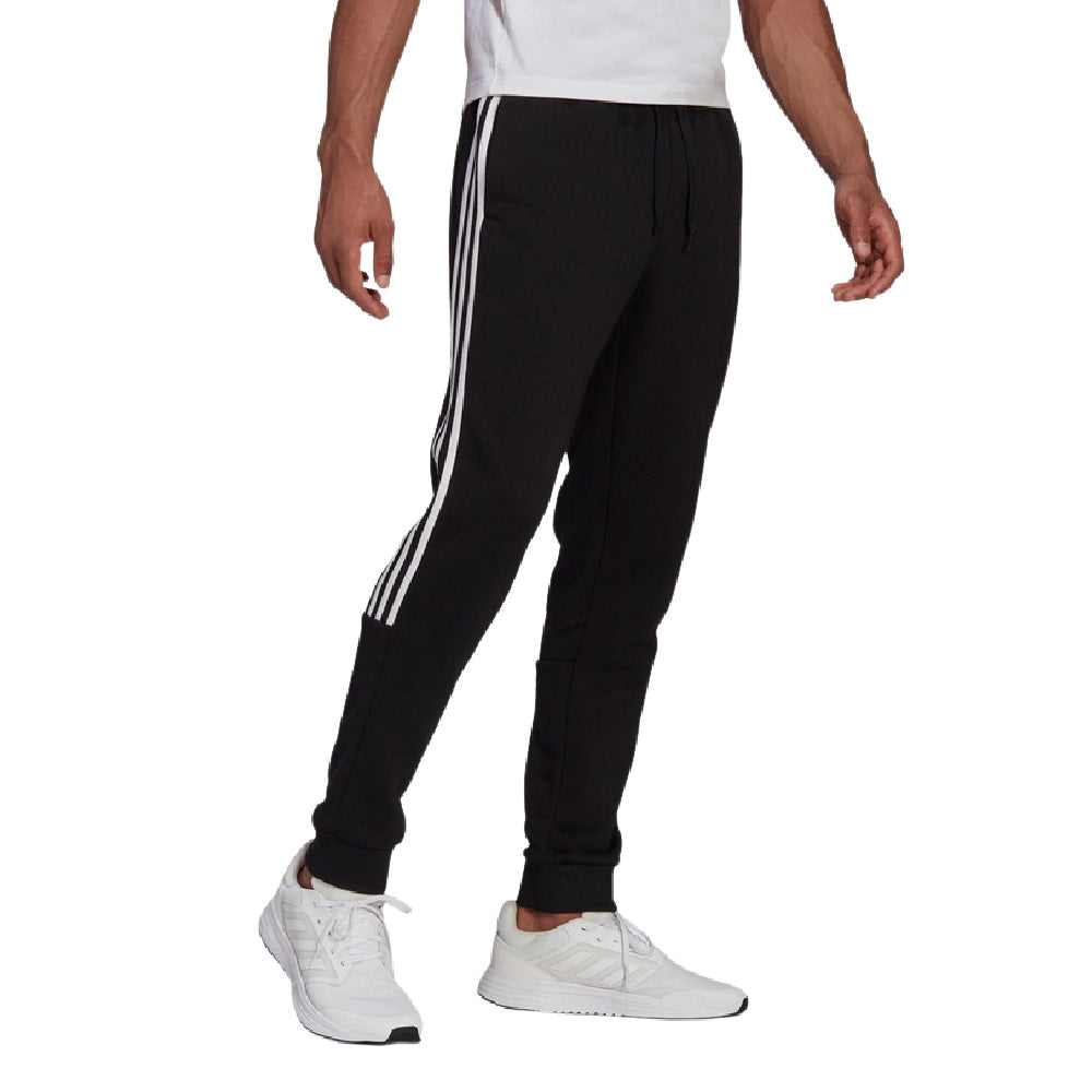 Adidas | Mens Essential Fleece Tappered Cut 3 Stripe Pants (Black/White)