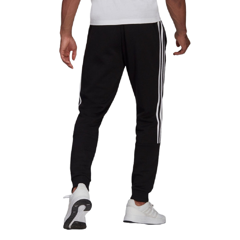 Adidas | Mens Essential Fleece Tappered Cut 3 Stripe Pants (Black/White)