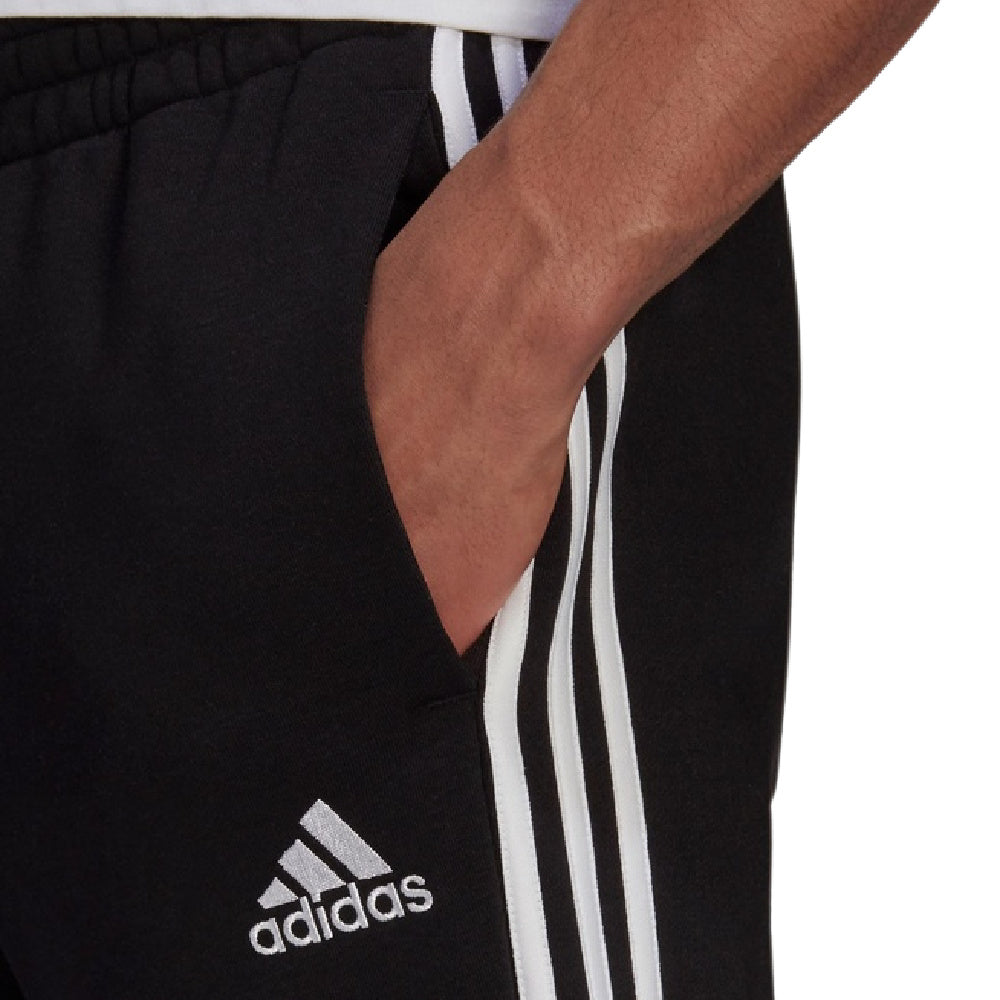 Adidas | Mens Essential Fleece Tappered Cut 3 Stripe Pants (Black/White)