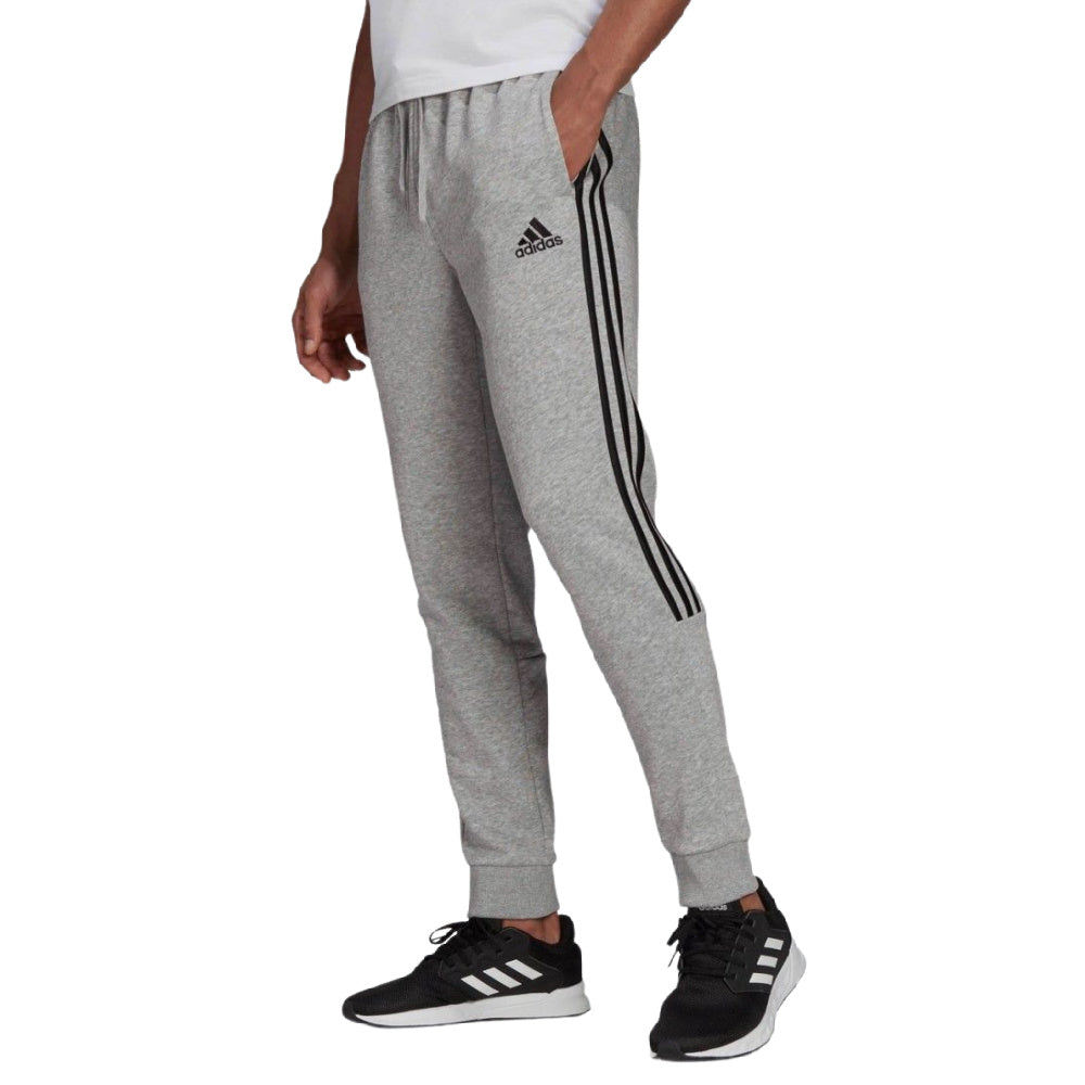 Adidas | Mens Essentials Fleece Tappered Cuff 3-Stripes Pants (Grey/Black)