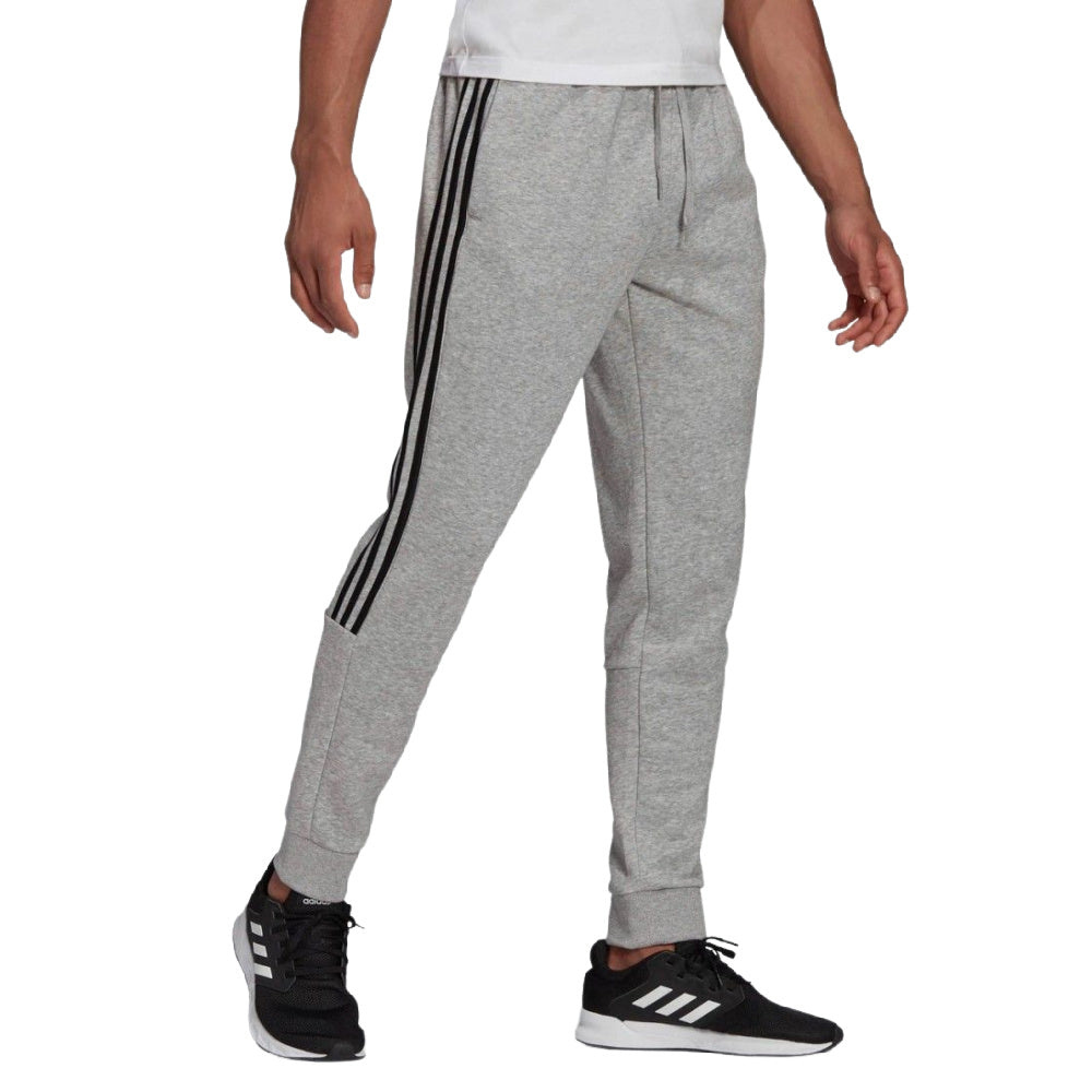 Adidas | Mens Essentials Fleece Tappered Cuff 3-Stripes Pants (Grey/Black)