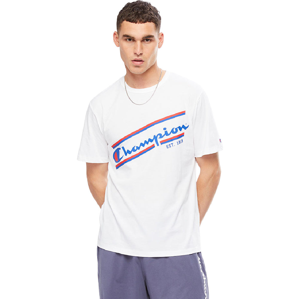 チャンピオン |メンズチャンピオンスポーティストライプスラントS/S Tシャツ（ホワイト）