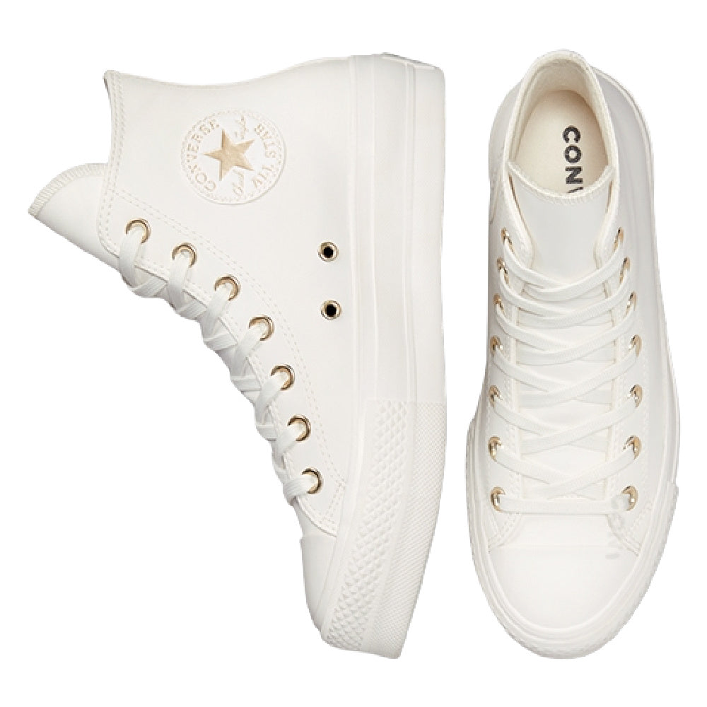 Converse | Womens Chuck Taylor All Star Synthetic Leather Lift High (Vintage White/Egret/Gold)