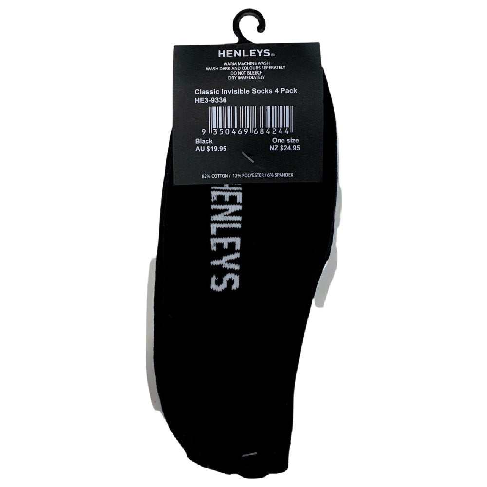 Henleys | Mens Classic Invisible Socks 4 Pack Black