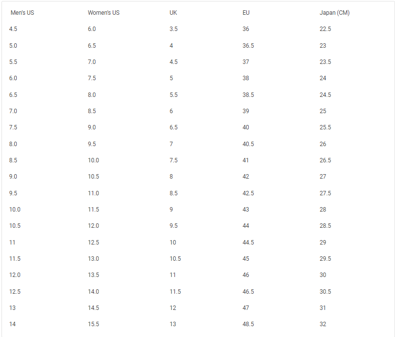 Mizuno women's 2025 size chart